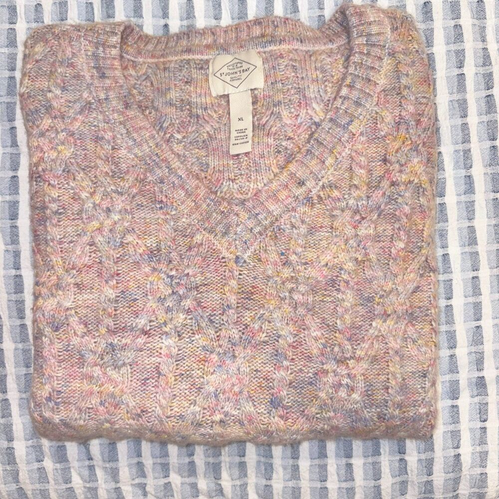 St. John’s Bay Women’s Pastel Multicolor Cable Knit V-Neck Sweater XL